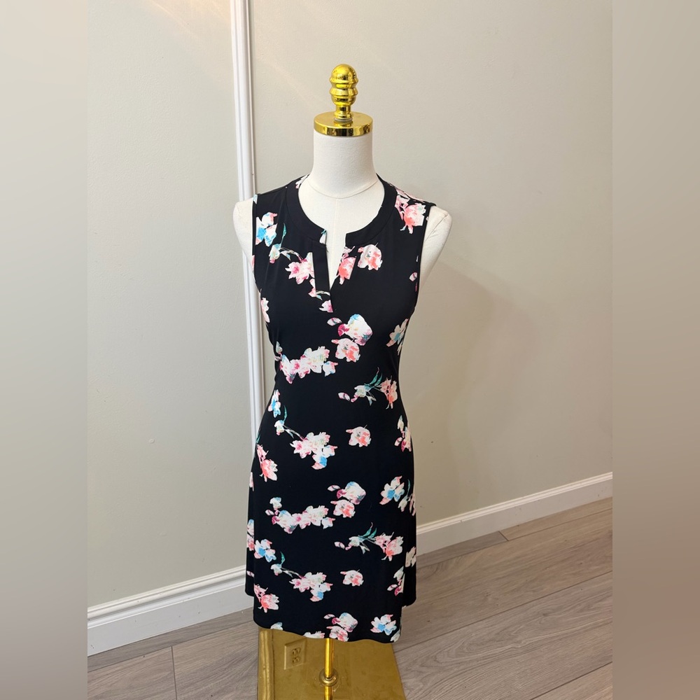 Chico's Black Floral Sheath Dress with Pink & Light Blue Blooms
